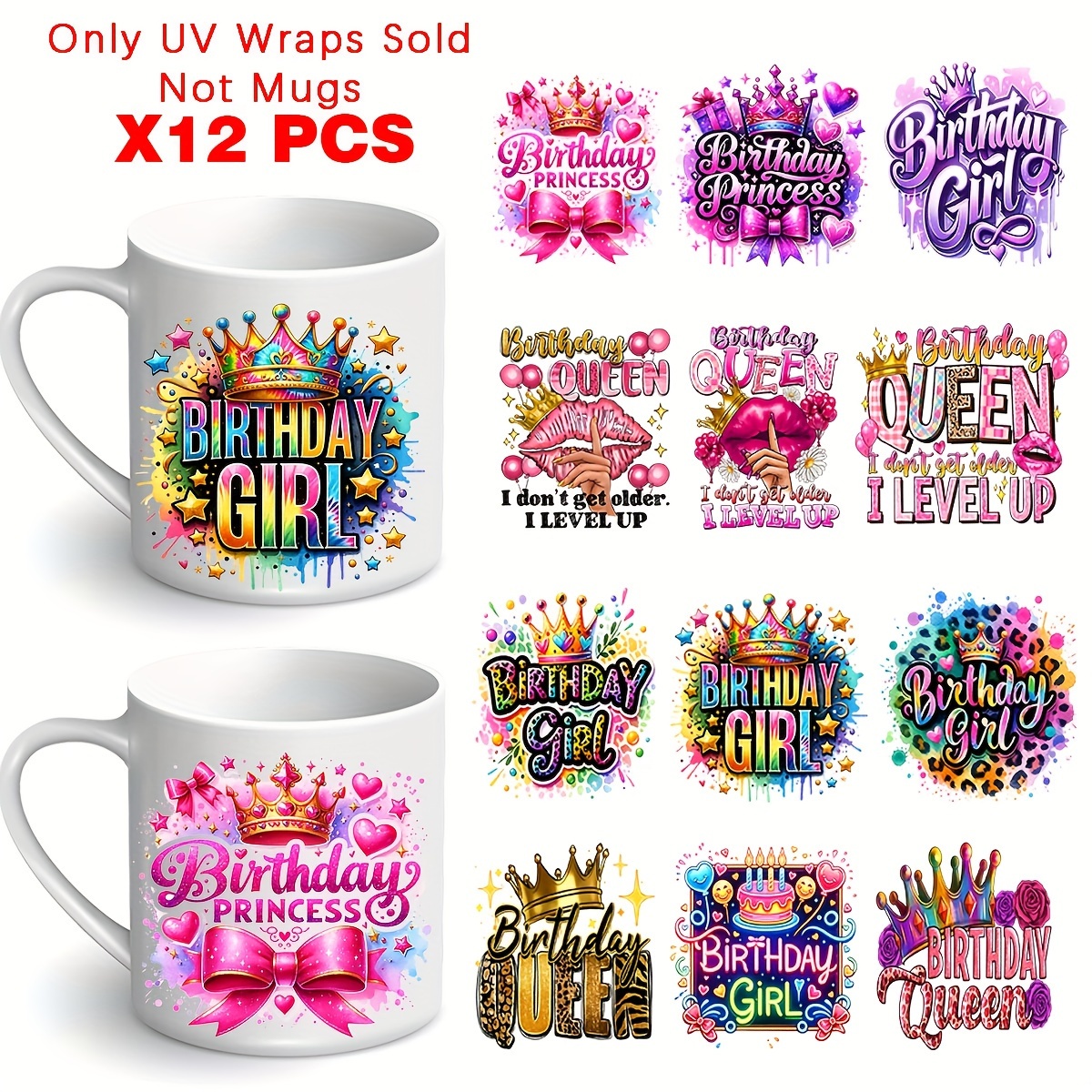 

Birthday Queen Theme Uv Dtf High Adhesive Mug Decal Set - 12pcs, Plastic Diy Holiday Glass Sticker Set For Mug Decoration Birthday Girl, Perfect Gift For Her