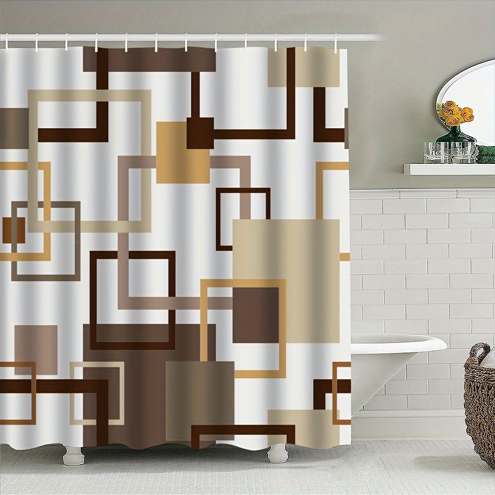 

Geometric Shower Curtain Set With Hooks - Modern Brown Square Print Design, Polyester Fabric, Machine Washable, Durable Bathroom Partition, All-season Privacy Window Curtain For (1pc)