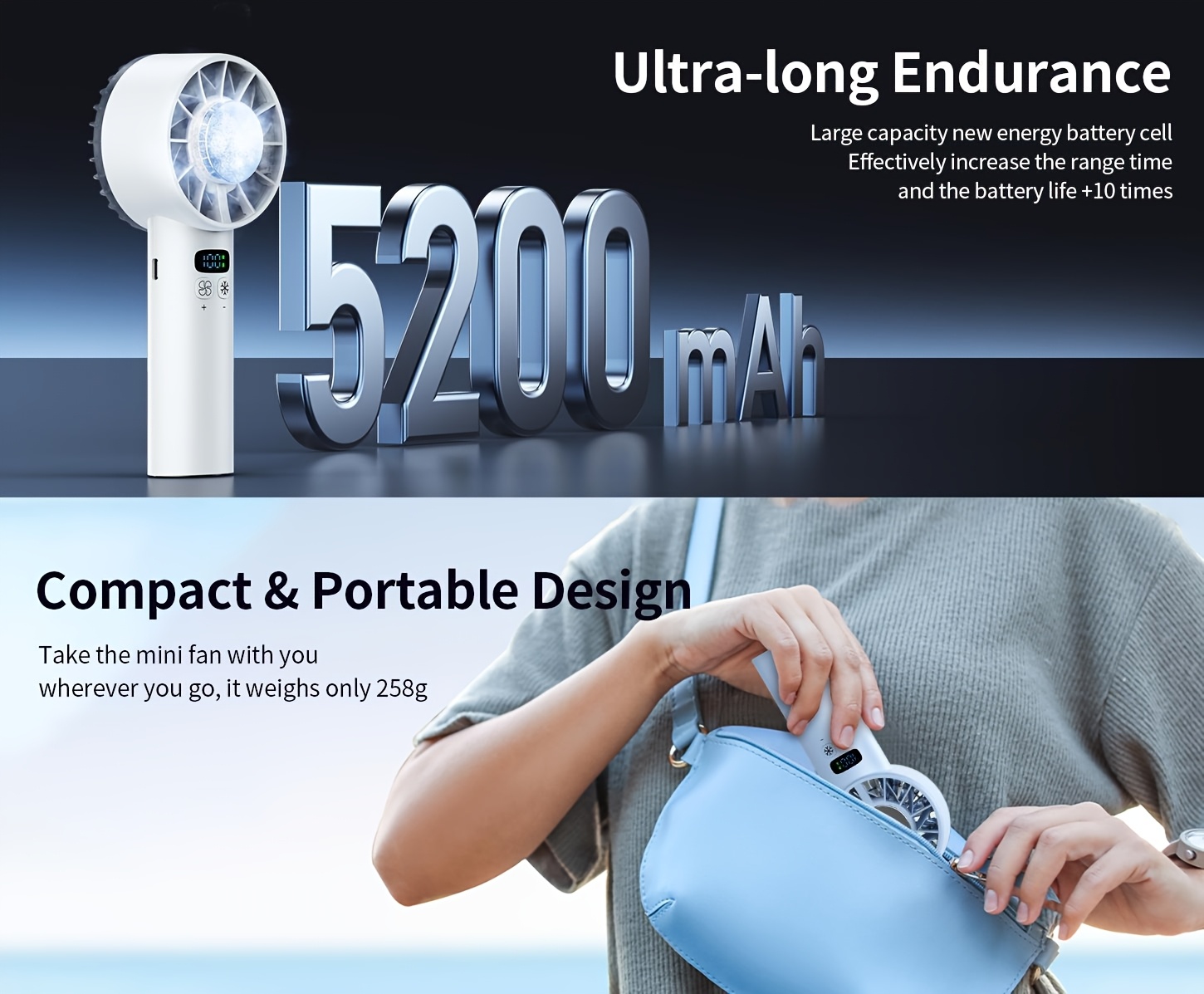 1 Portable USB Rechargeable Hurricane Ice Pack Handheld Fan, 5200mAh, 100 Speeds, with Lanyard, Rechargeable Desktop Mini Fan, Outdoor Camping, Student, Sports, Office Cooling Tool, Ultra-Quiet, Super Strong Wind