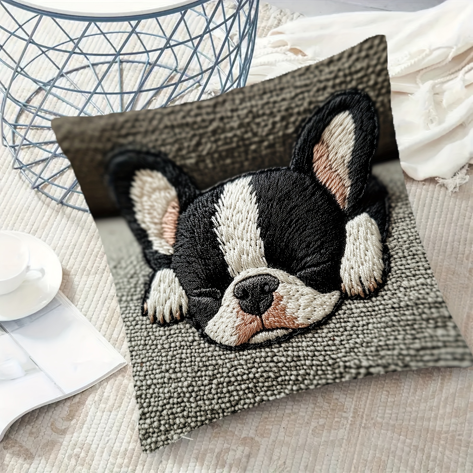 

1pc 18x18 Inch Polyester Short Plush Pillow Cover, Cute Boston Terrier Embroidery Design, Zip Closure, Ideal For Living Room, Sofa, Bedroom - No Insert Included