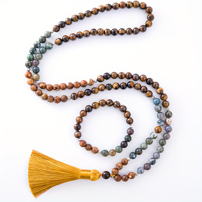 108pcs 8mm Natural Stone Bead Mala Necklace With Bracelet Set