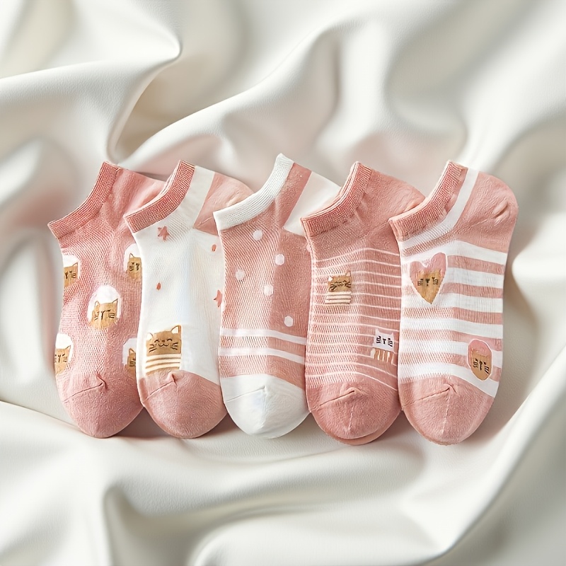 E-shop 5 Paar süße Katzenboot-Socken, bequeme und niedliche kurze Socken, unverzichtbar für Damen für Freizeit, Reisen und Sport, modische und