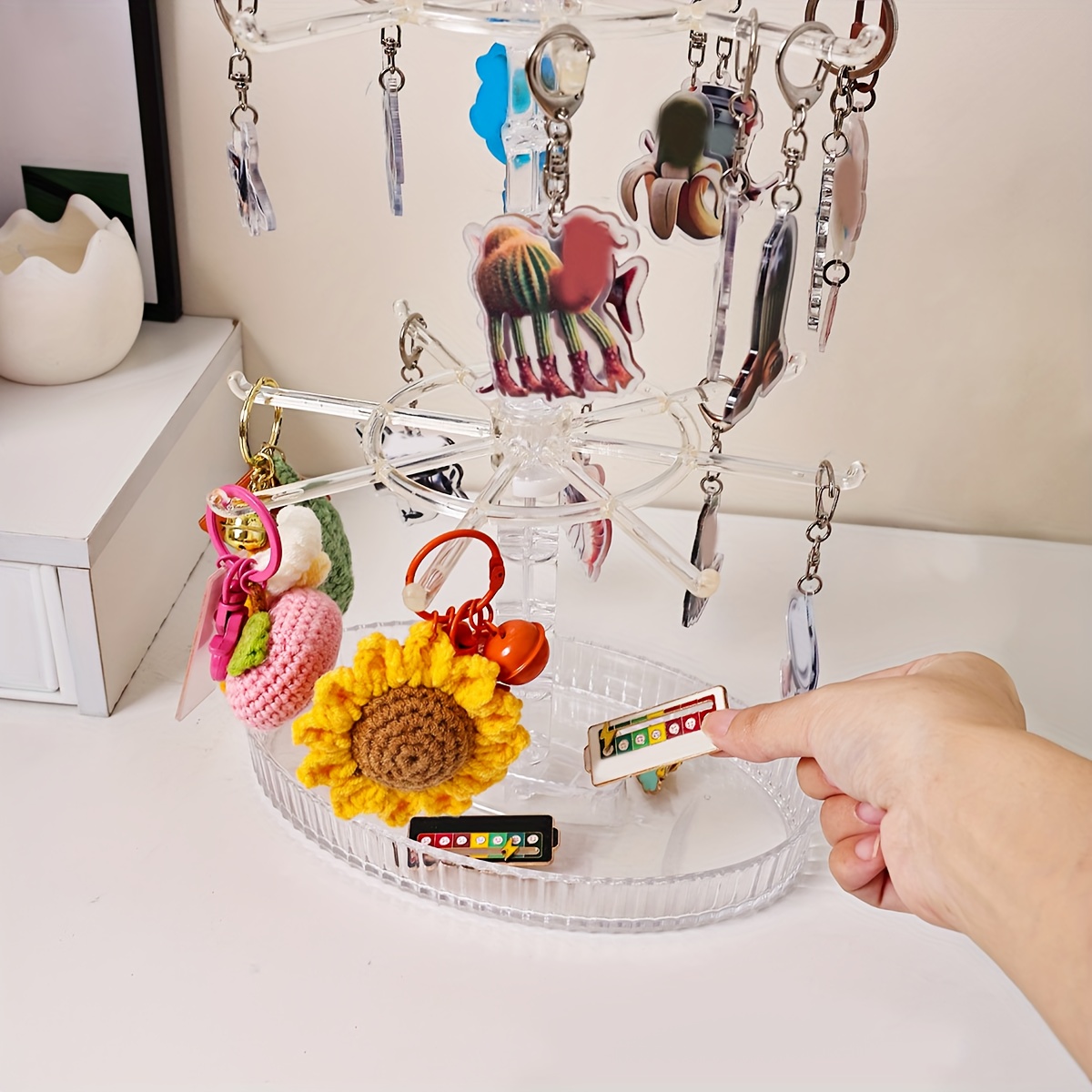 Black/Transparent Rotatable Key Hook Rack, Adjustable Height Jewelry Organizer