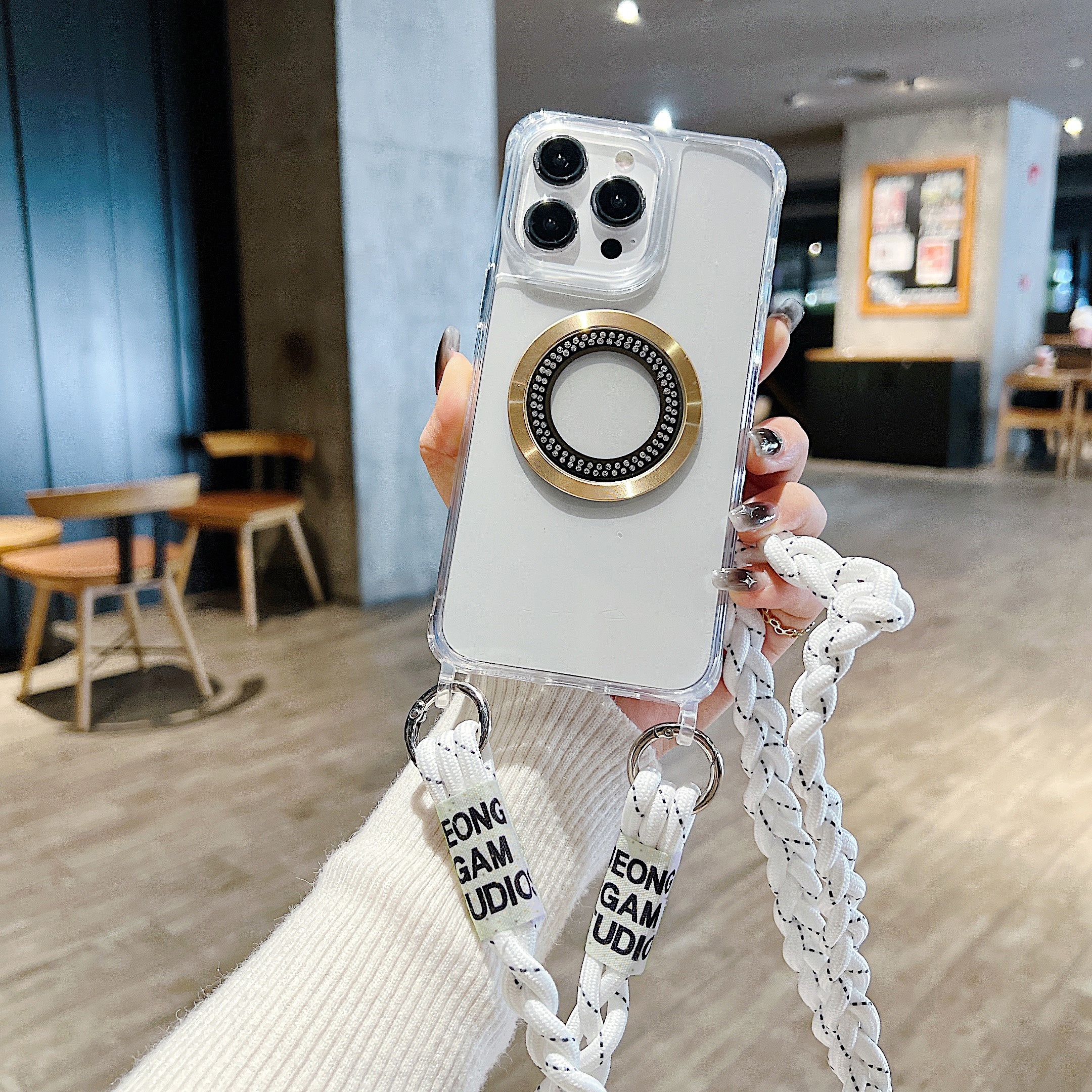 TEMU Phone Case: Acrylic 1pc Case With Simple Magnetic Four-corner Drop Protection, Cd-pattern Rhinestone Embellishment, Luxury Women's Crossbody
