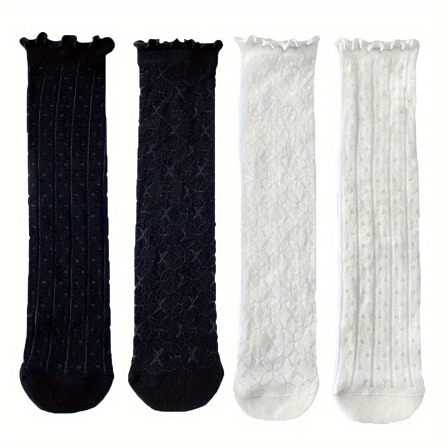 4pairs Black And White Lace Socks Ruffle Socks Mid-calf Socks Cute Romantic Socks