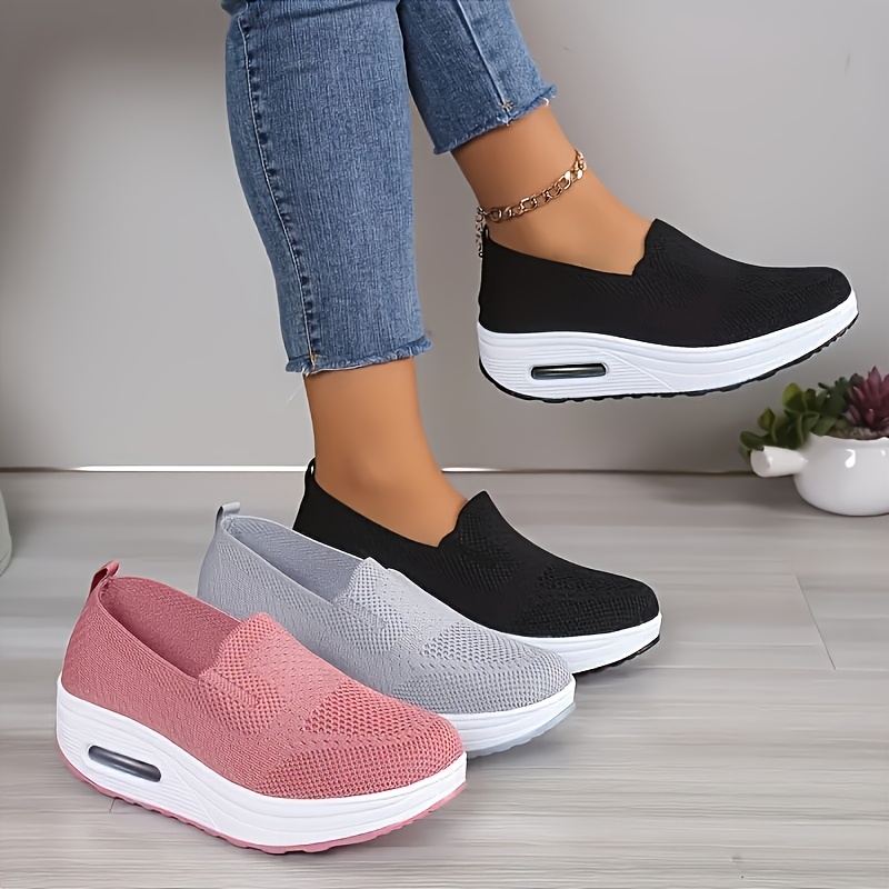 womens slip on platform sneakers with air cushion technology breathable knit sole lightweight rocker sole suitable for walking athletic   cushioned insole for day for work outdoor casual attire