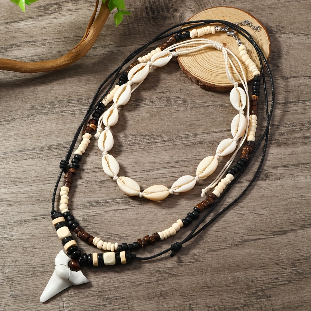 

Natural -inspired Necklace Set, Multi-layered Pearl Chain With Oceanic Fish Tooth Accents, Vacation-style Accessory