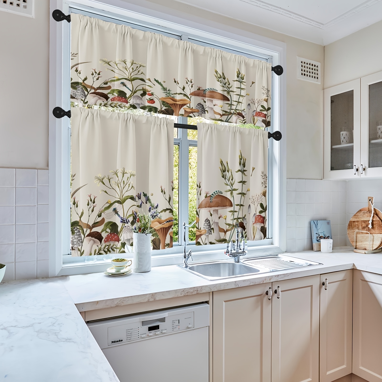 TEMU 3pcs Colorful Mushroom Kitchen Window Curtains Valance And Tier Set 36 Inch, Plant Herbs Flower 3pcs Window Treatment Tiers For Living Room Bedroom Vintage Kitchen Decor Drapes