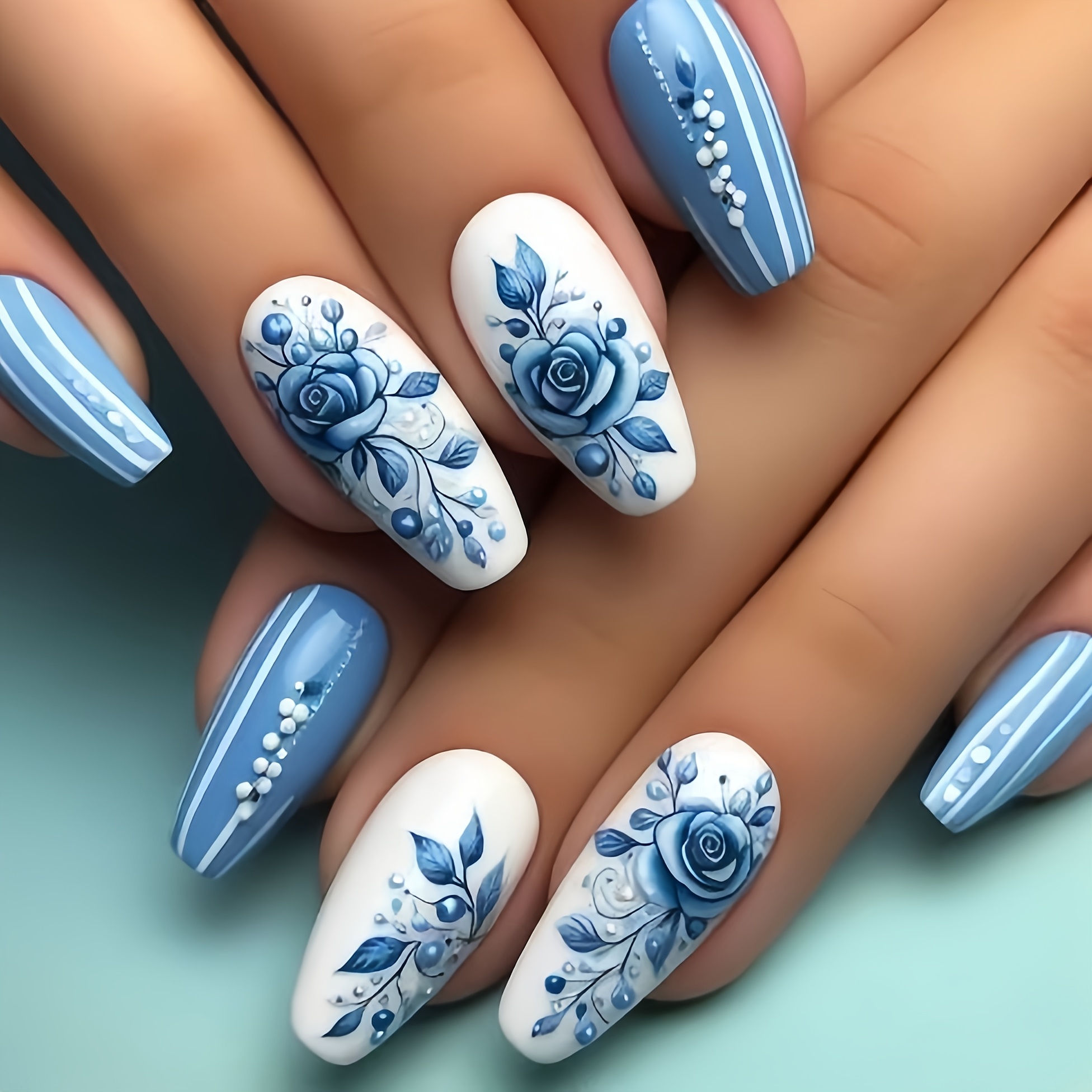 

Blue Floral Press-on Nails, , Square Shape, Medium Length, Spring/summer Art, Easy Application