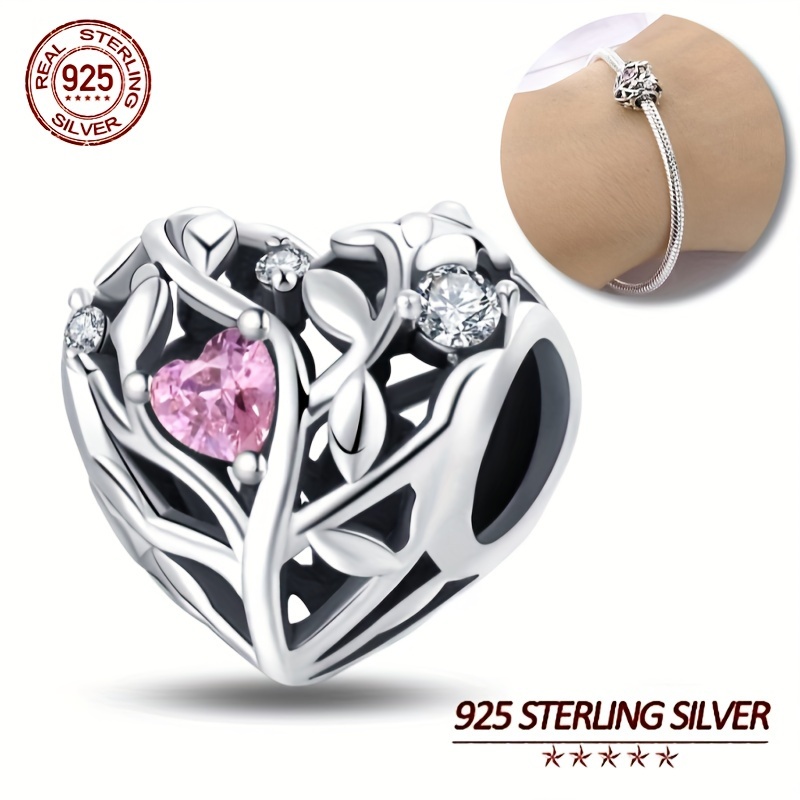 

Sterling Of Life Heart Charm With Pink Gem, Compatible With 3mm Bracelets And Bangles, Elegant Gift For Women