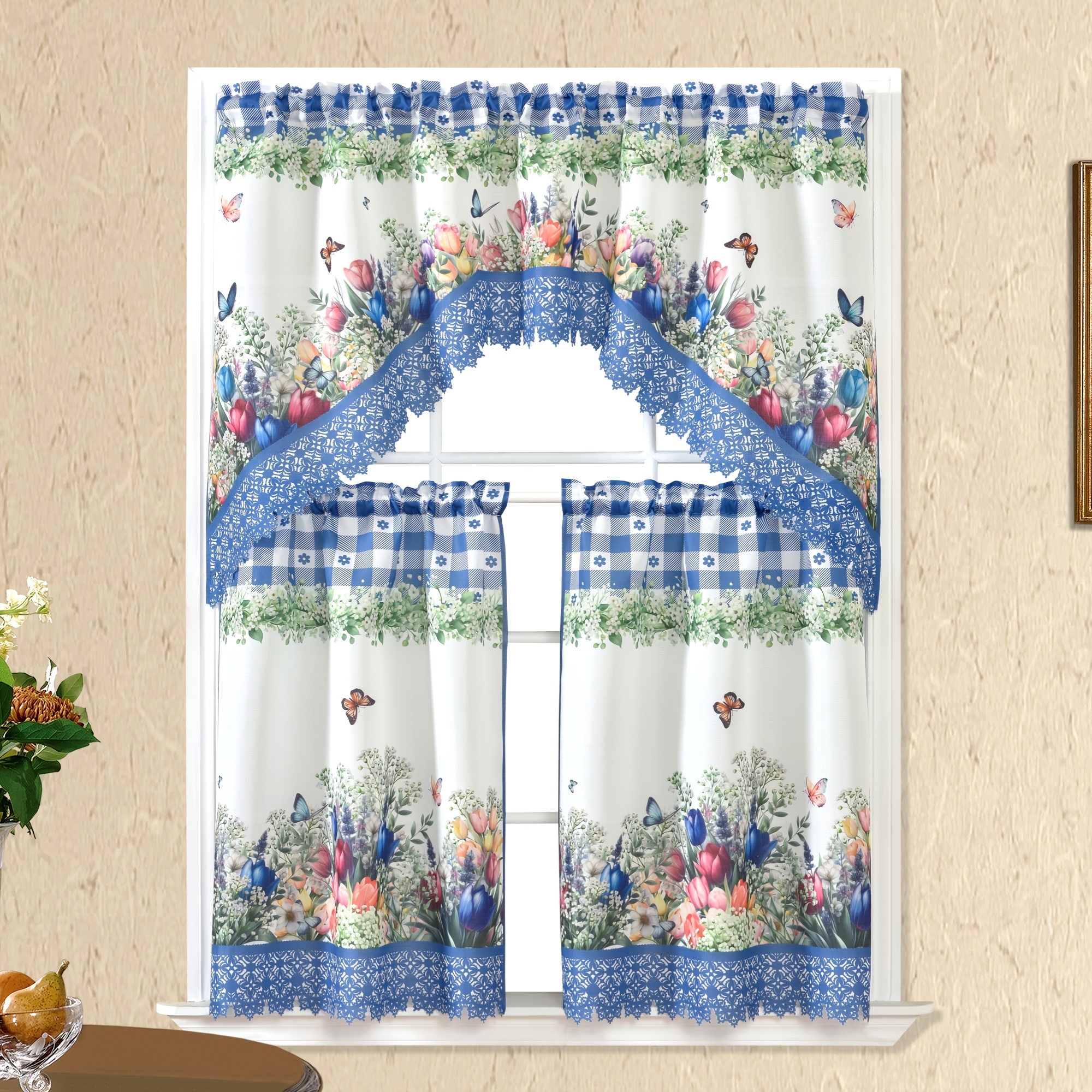 3pcs Polyester Fabric, Colorful Tulips And Butterflies, Blue/red/beige , Spring Vitality, , Kitchen Home Curtains, Suitable For Home Decor Window Treatments, Bathroom, Living Room, Bedroom