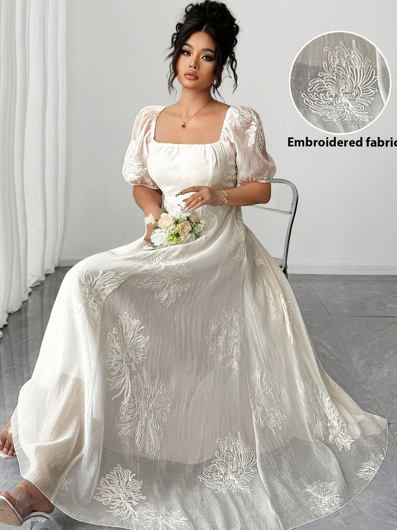 Plus Size - Plus Size - Embroidered Square Neck Puff Sleeve Fashion Dress
