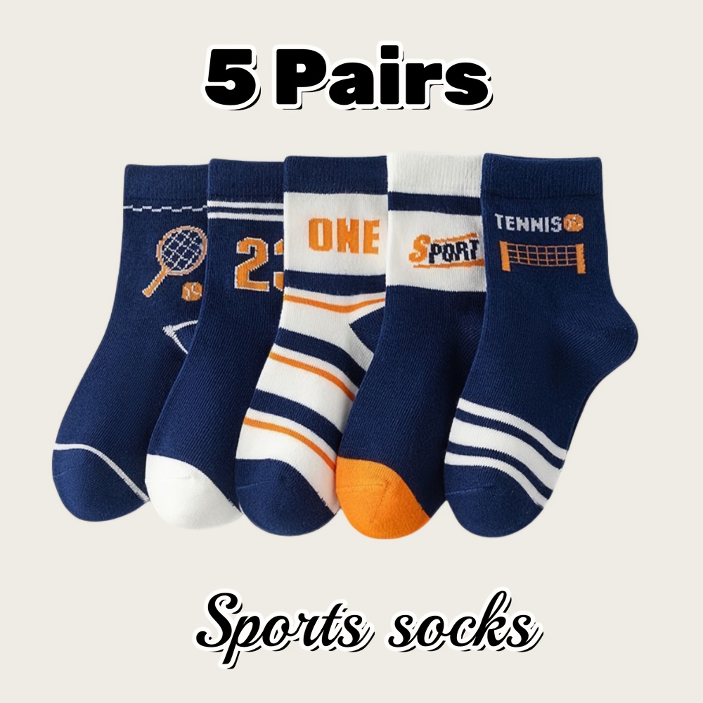 5-pair Boys' Feather Ball Pattern Printed Orange Navy Blue Mid-calf Socks, High-quality Socks,fall And Winter Clothes