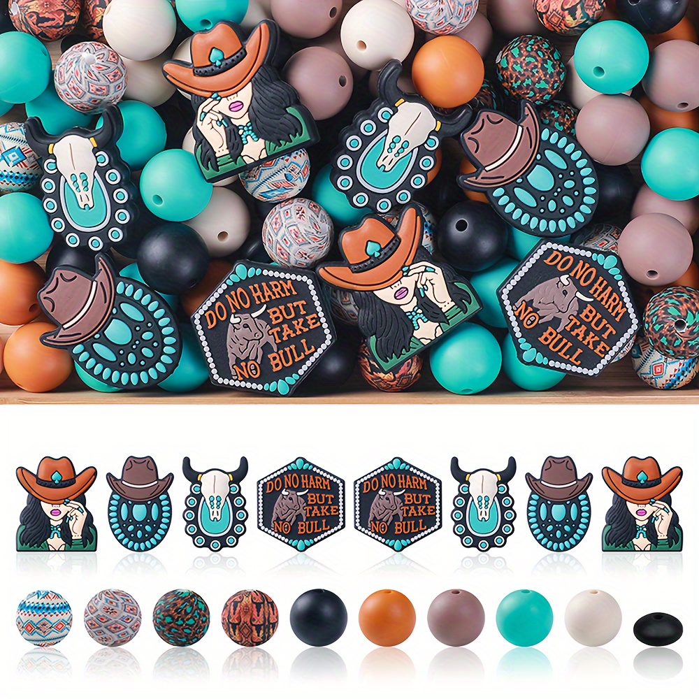 

handcraft Highlights" 108-piece Turquoise Cowboy Silicone Bead Set - Assorted Shapes For Diy Jewelry, Keychains & Crafts