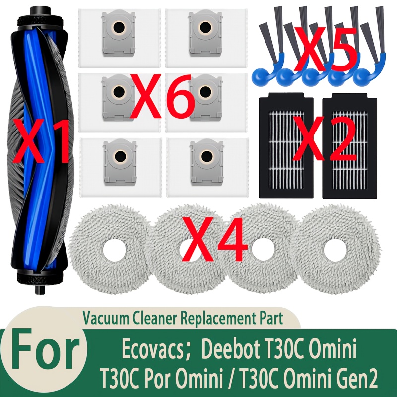 TEMU 18 pièces Accessoires de Remplacement pour T30C Omni, T30C Omni Gen2/T30C Pro Omni Aspirateur Robot, 1 Brosse Principale, 4 Lingettes, 6 Sacs à