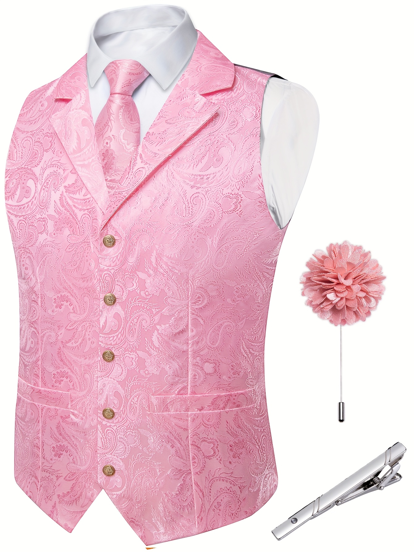   mens fashion paisley vest set with full collar matching tie handkerchief cufflinks and chest flower random color collar clip non stretch fabric   wear motif   style
