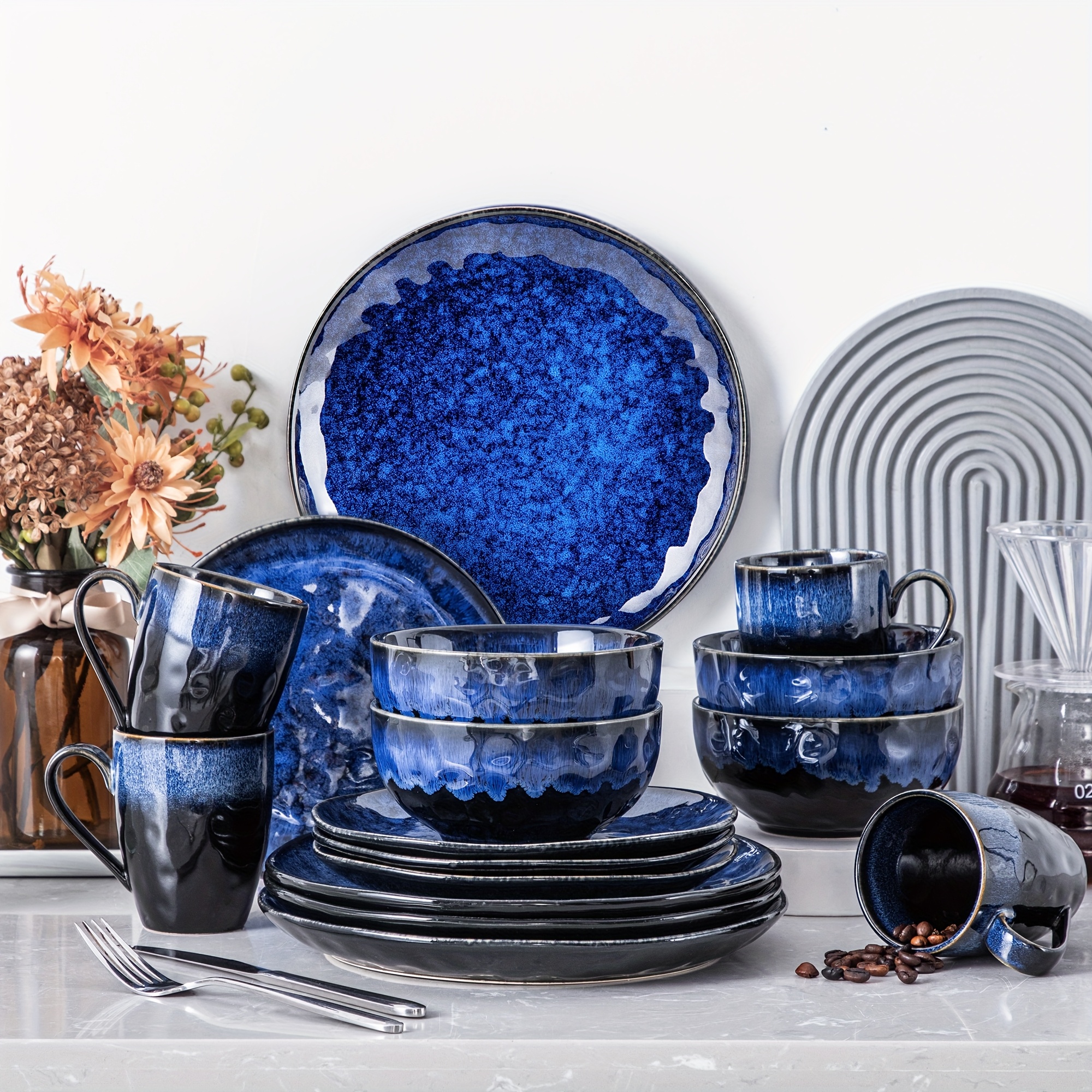 16pcs blue dinner set kiln change glaze porcelain tableware Temu