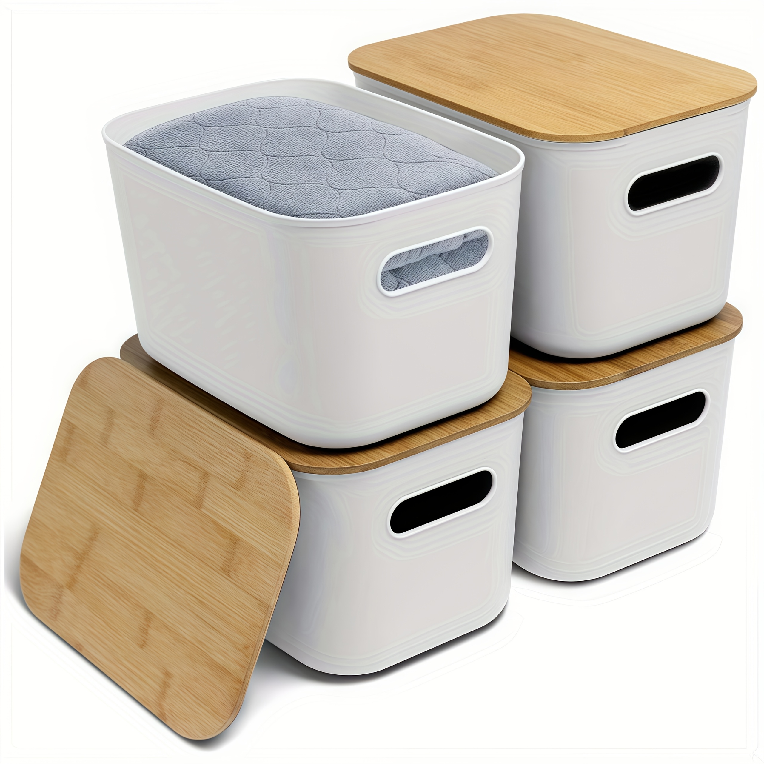 4 Plastic Storage Boxes With Wooden Covers, Stacked Storage Boxes With Handles, Medicine Cabinet Organizing Boxes, Suitable For Bookshelves, Homes, Offices, Desktops, Game Rooms, Classrooms