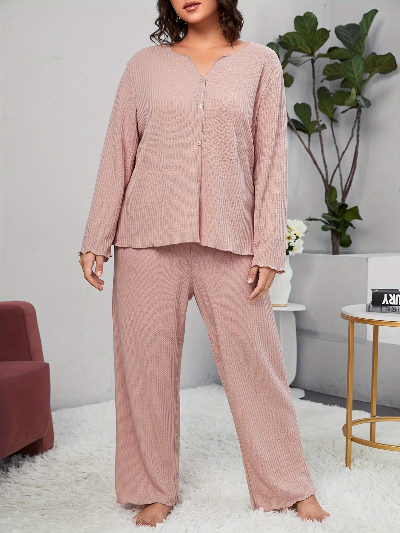 Plus Size Waffle Textured Long Sleeve Notched Neck Top Pants