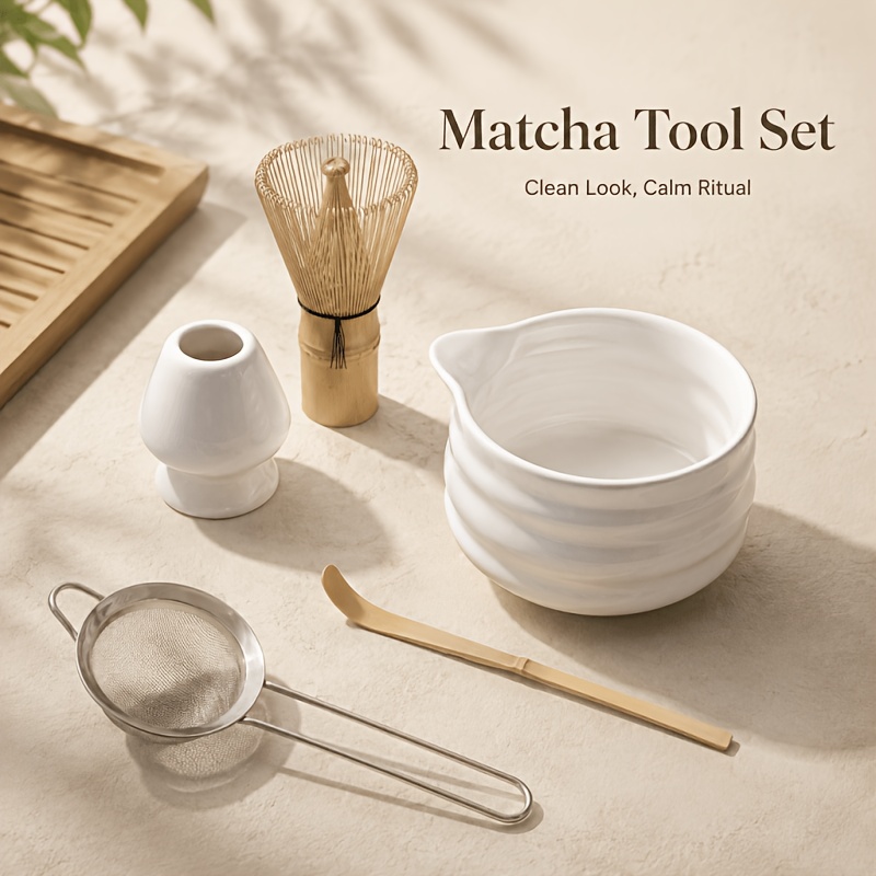 TEMU Complete Matcha Making Kit For Beginners - 2pcs/5pcs Matcha Tool Set With Ceramic Bowl, Bamboo Whisk, Sifter, Scoop And Holder, In