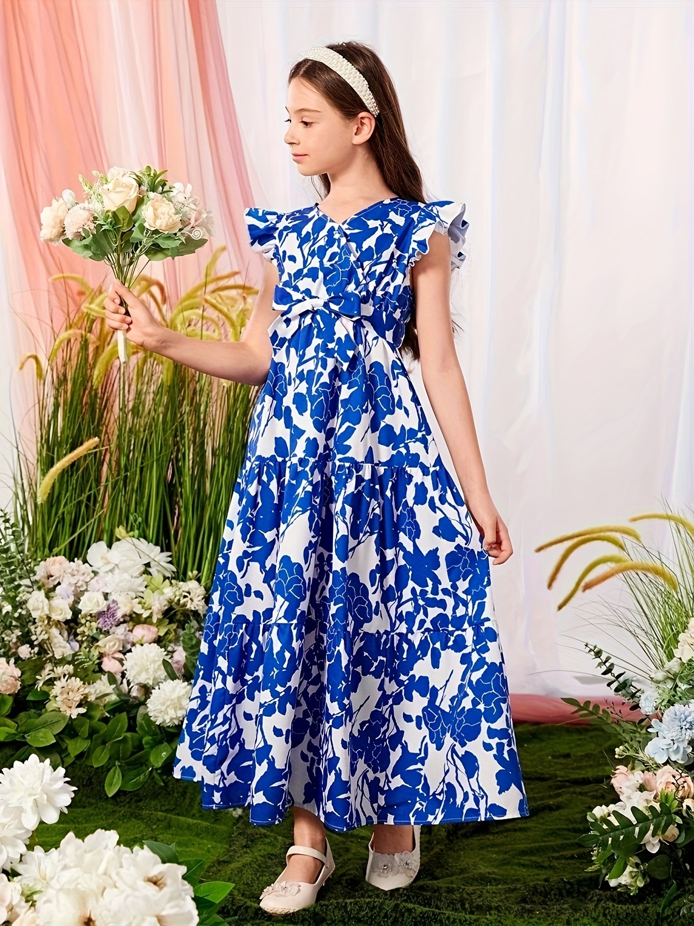 Robe Fille Tea Collection Taille 4T - Imprimé Floral Bleu, Sans Manches, Occasion Très Bon état
