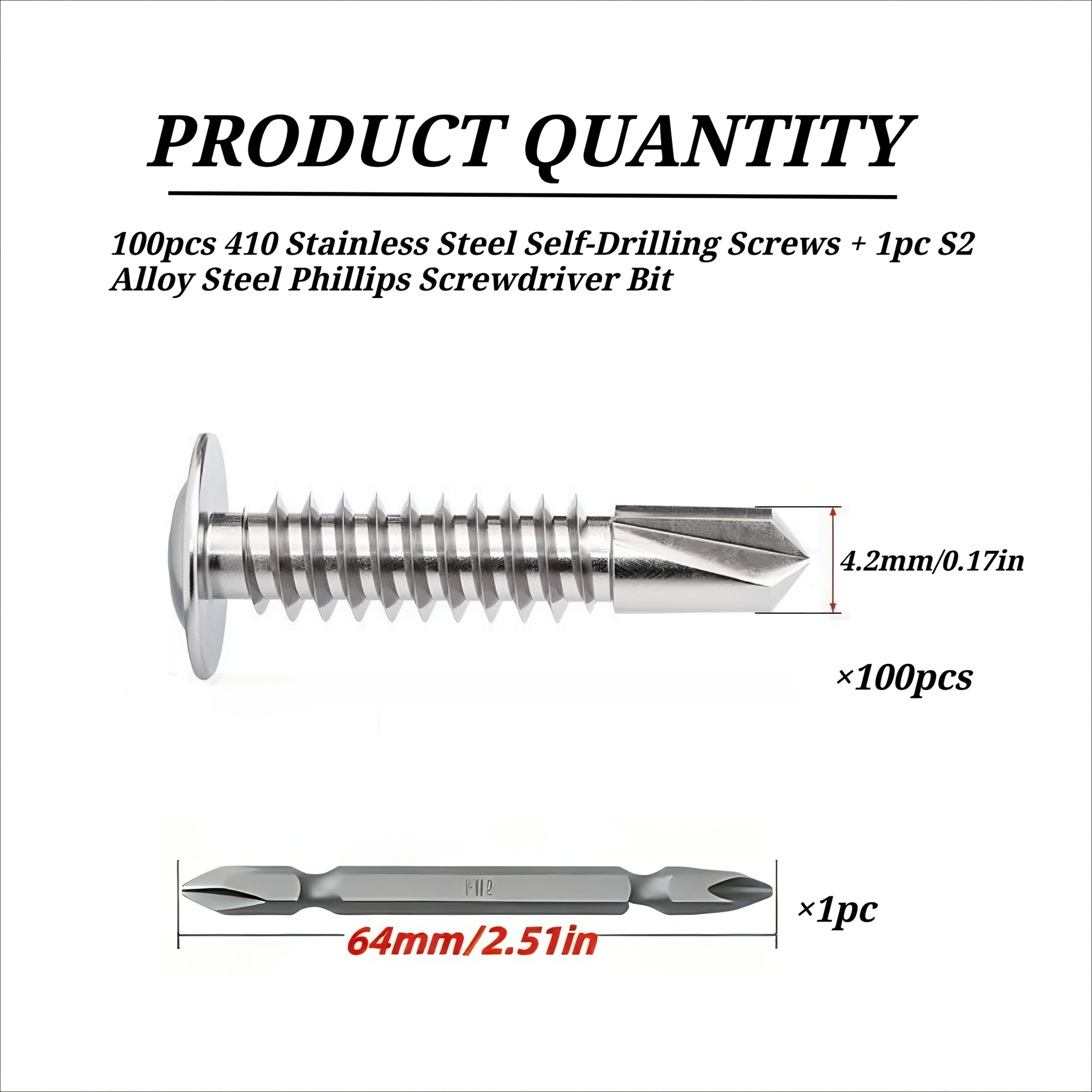 TEMU Set Of 100pcs 410 Stainless Self-drilling Screws With Free Bonus S2 Phillips Bits, High Tensile Strength, Phillips Drive, Self-drilling , In 5
