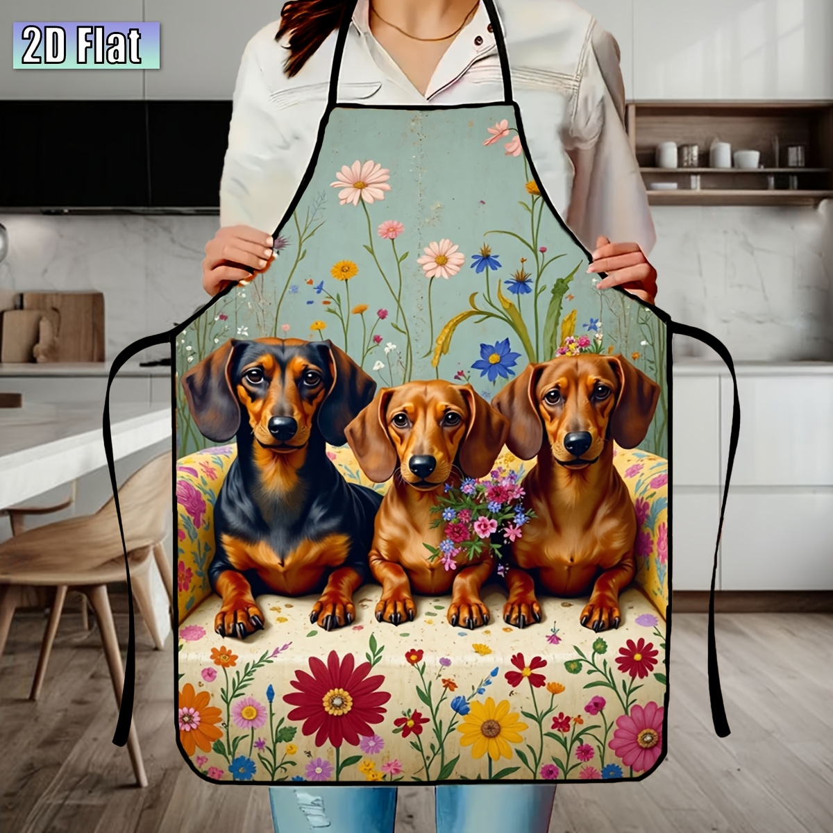 TEMU A Single Item Featuring 3 Dachshunds Against A Floral Background, A Easy And Stylish Apron, Perfect For Easter Decorations, A Gift For , A
