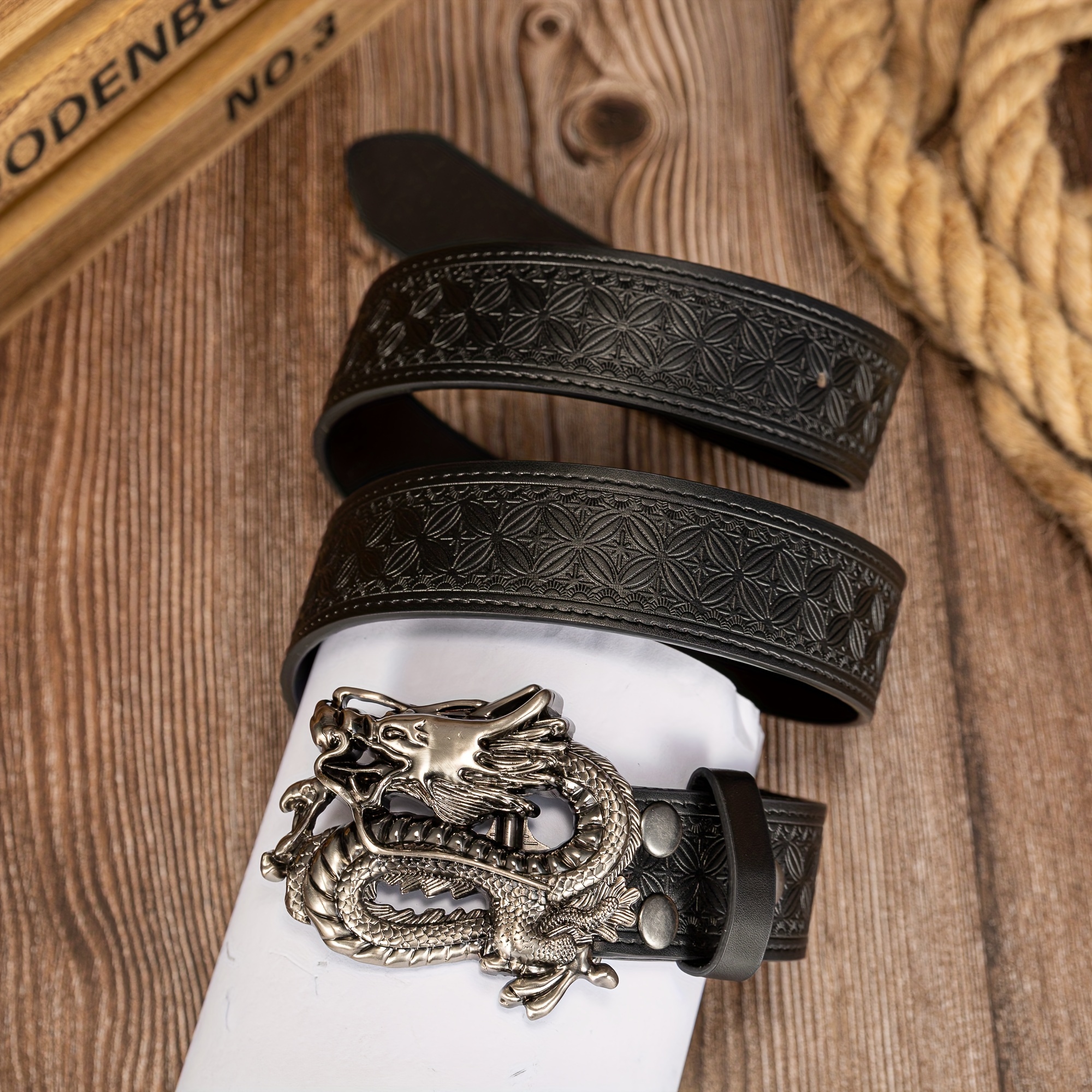 Men's 3D Dragon Buckle PU Leather Belt Embossed Pattern Funky Style