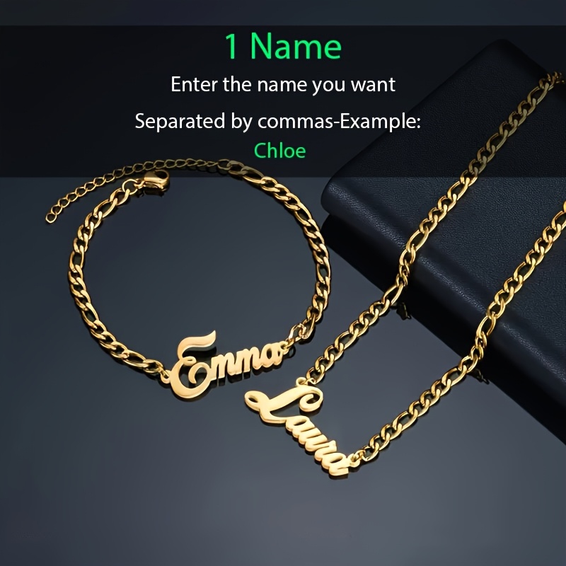 TEMU 1 Collier + 1 Bracelet Ensemble de Bijoux pour Femme, Personnalisable avec 2 en Anglais, Acier Inoxydable Plaqué Or 18K, Bijoux Élégants et ,