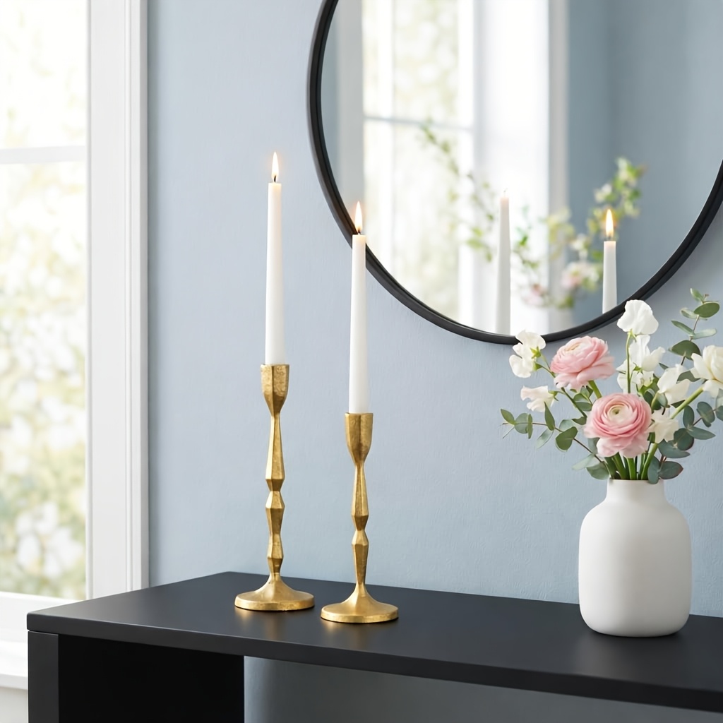 Golden Candlestick Holders - Heavy Duty Cast Iron Candle Stick Holder Set of 2 - Unique Taper Candle Holder for Entryway, Table Decor Or Housewarming Gift