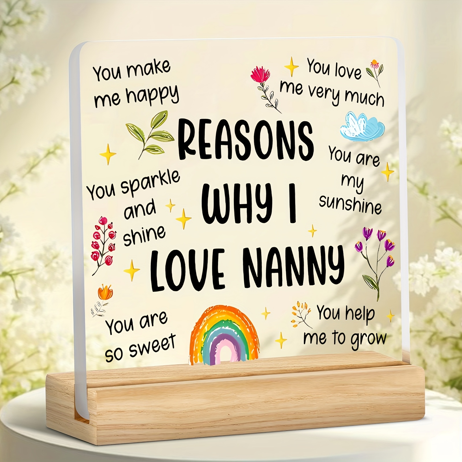 TEMU 2d Flat, 1pc "realons Why I Love Nanny" Nanny Appreciation Gift - Acrylic Ornament With Wooden Base Desktop Decoration Suitable For Dresser,