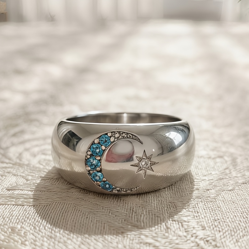 Minimalist Unisex Wide-band Star and Moon Ring
