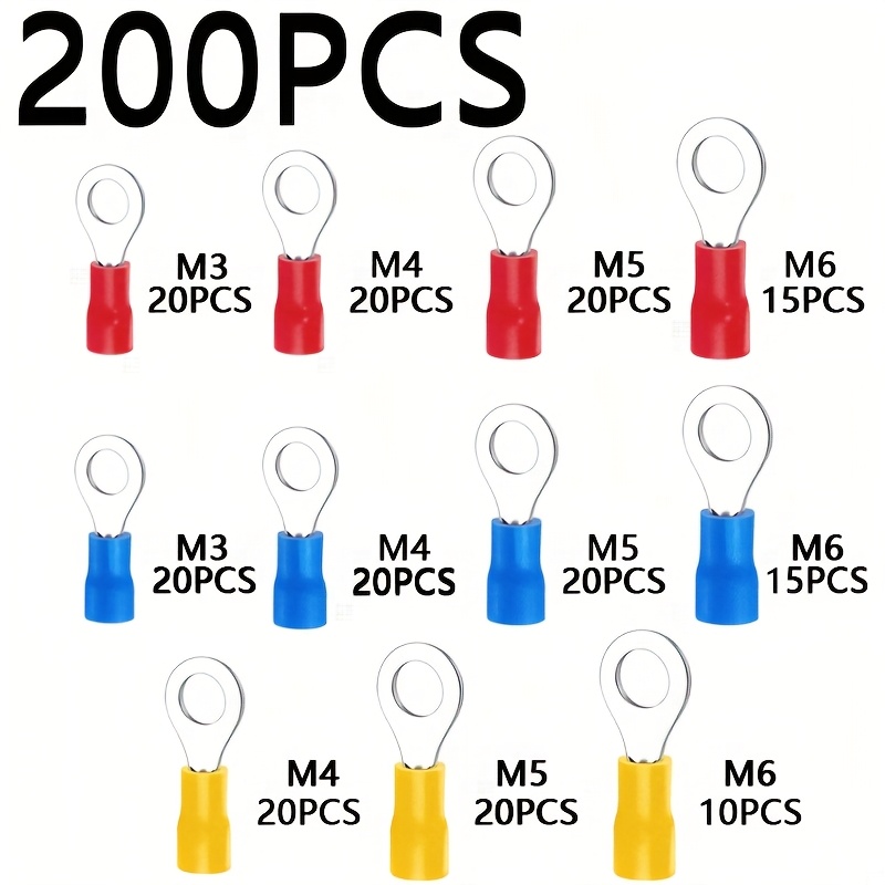 Image of 200pcs 22-16/16-14/12-10awg Ring Terminal Insulated Ring Connection Wire Crimp Ring Connector Terminal, Suitable For Automotive Repair, Cable, Not Including Batteries