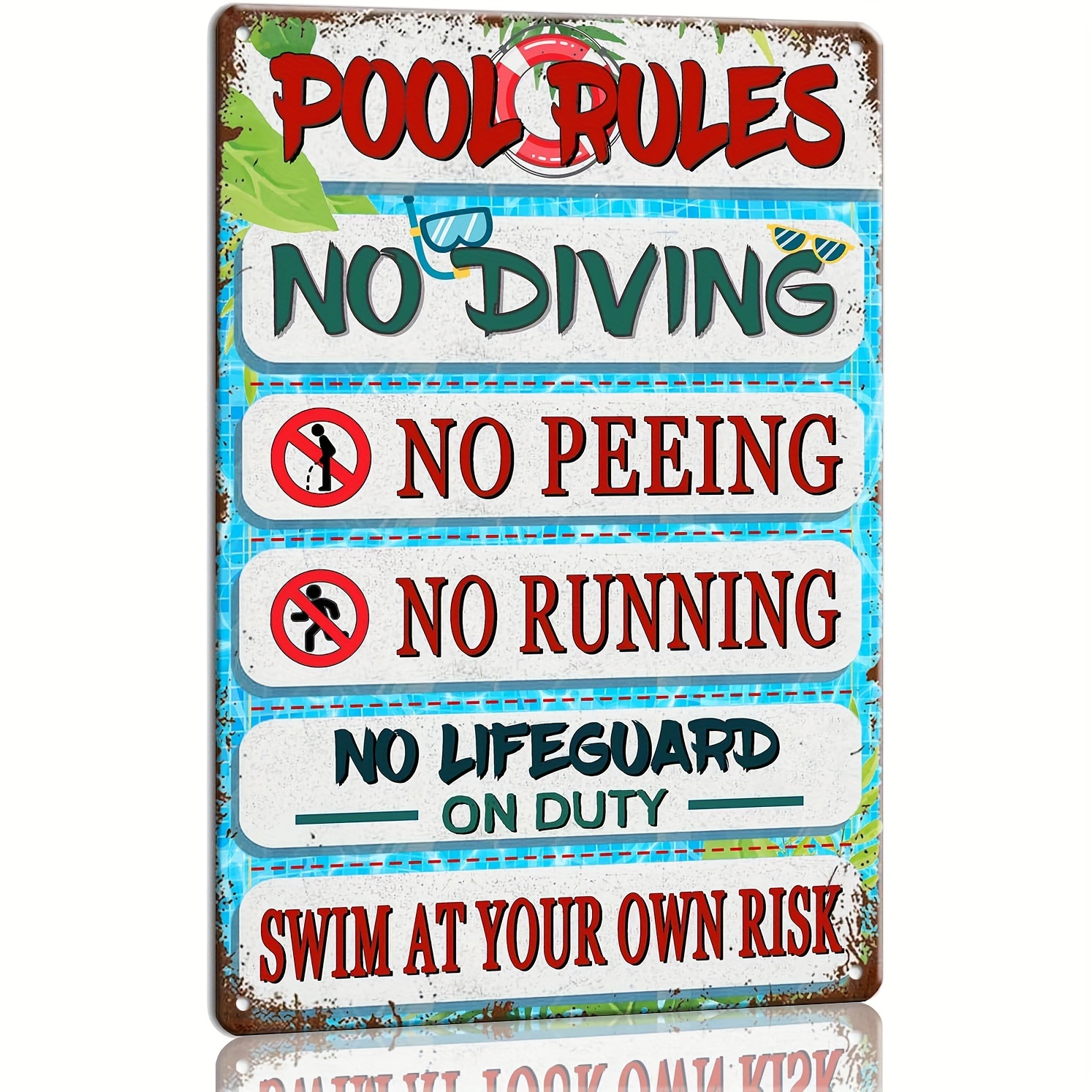 

1pc Rustic Metal Tin Pool Rules Sign, 8x12 Inches, "swim At Your Own Risk" Vintage Style, Outdoor Wall Decor For Backyard Pool & Beach, Waterproof And Durable Swimming Pool Party Sign