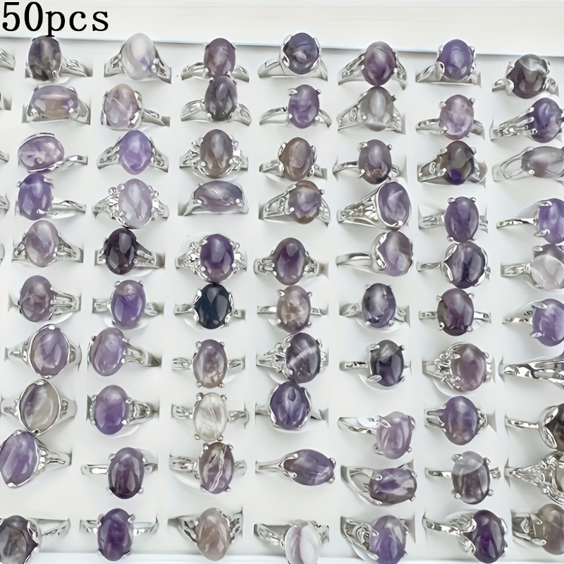 TEMU 50pcs Natural Stone Ring, Ring Inlaid Amethyst Stone Finger Rings Match Daily Outfits, Men Women Universal Knuckle Stacking Jewelry Accessory For Engagement Party Birthday Anniversary
