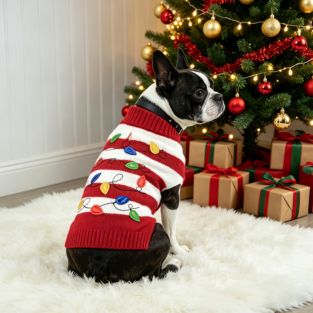 TEMU 1pc Adorable Christmas Lights Pet Sweater - Soft Cozy Knit Turtleneck Design, Elastic Warm Winter Apparel For Small Medium Large , Bichon
