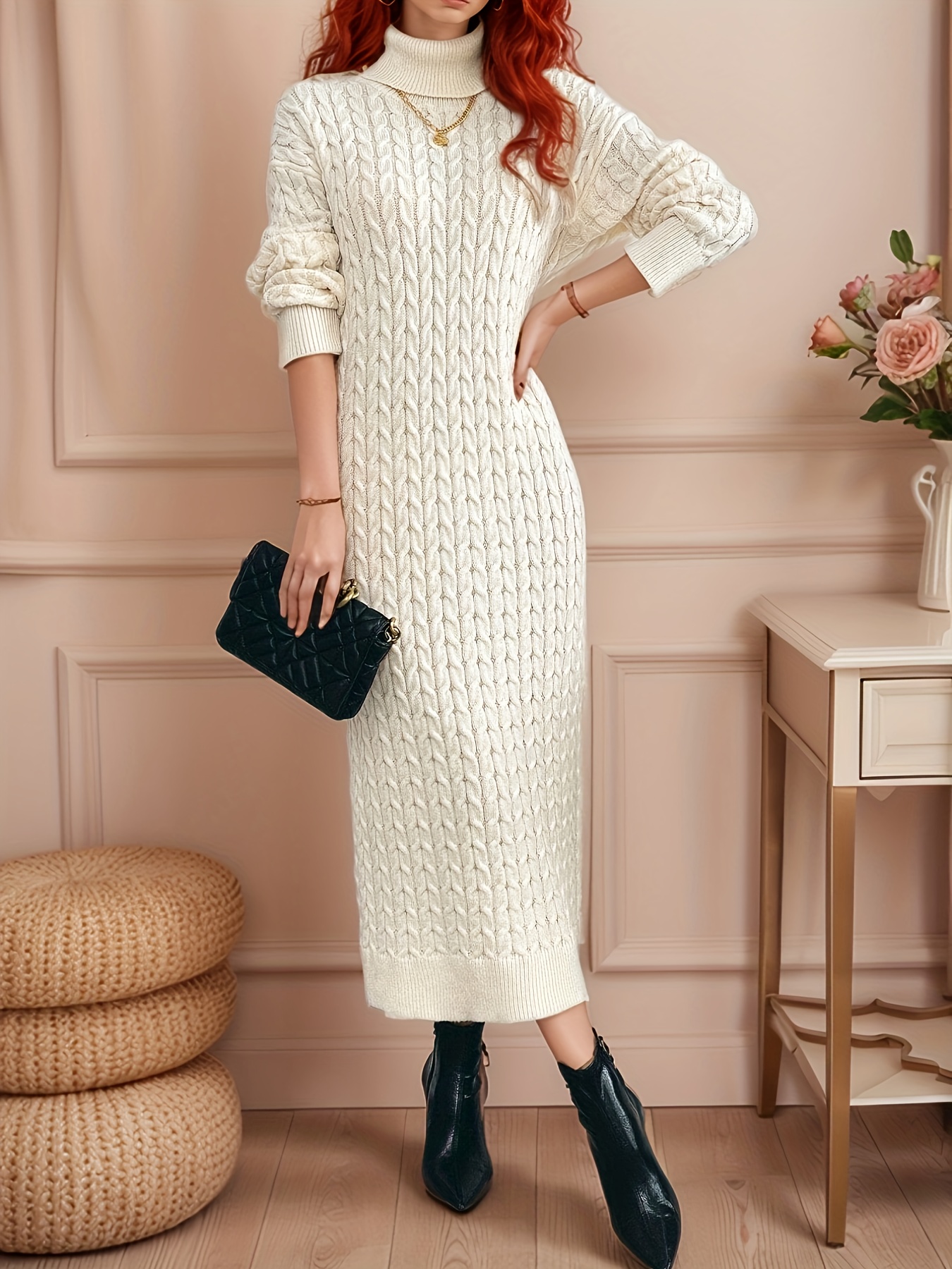 womens elegant high neck long sweater dress solid color fall
