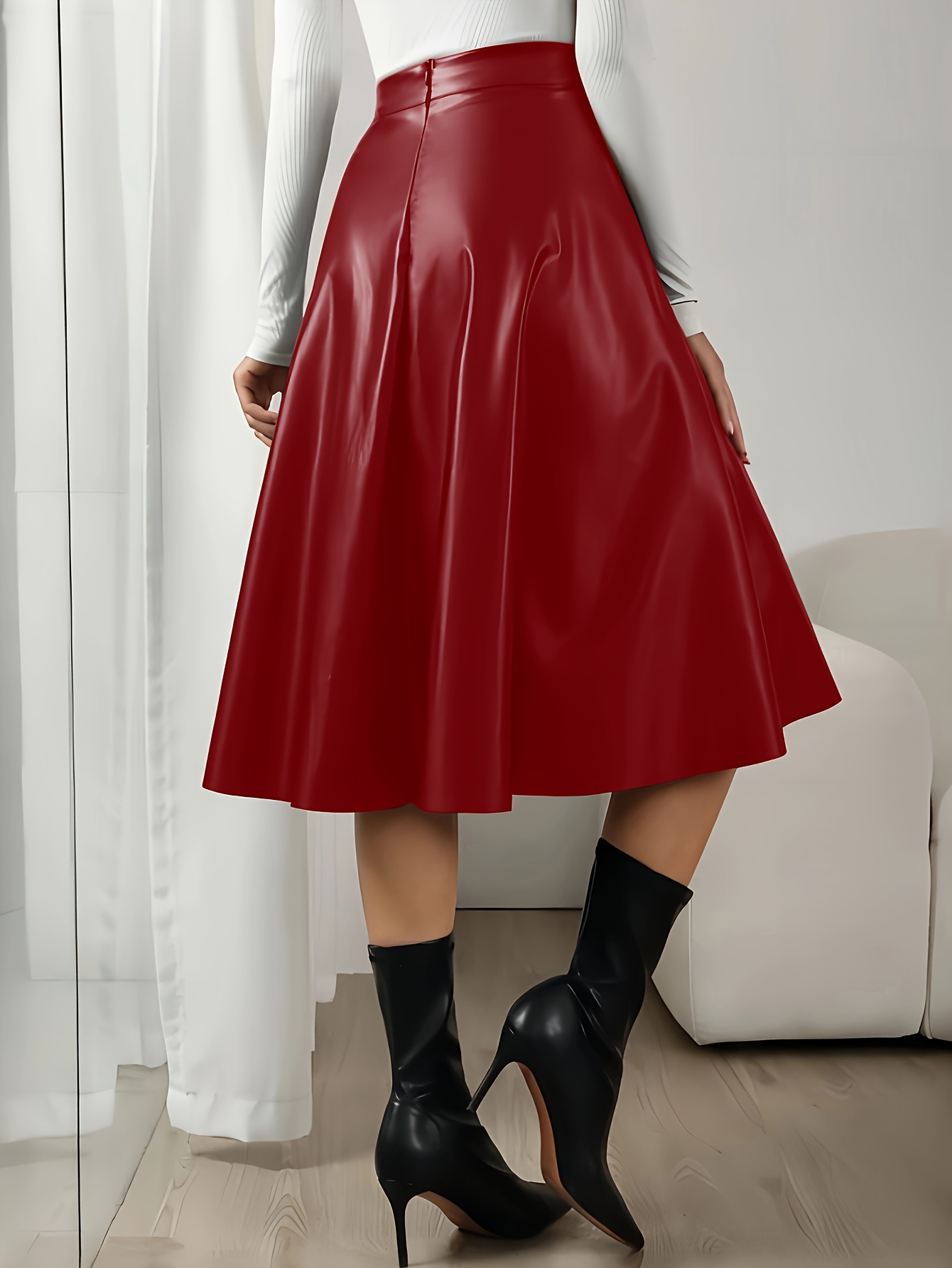 eleganter high waist pu leder midi rock damen einfarbig rot Temu