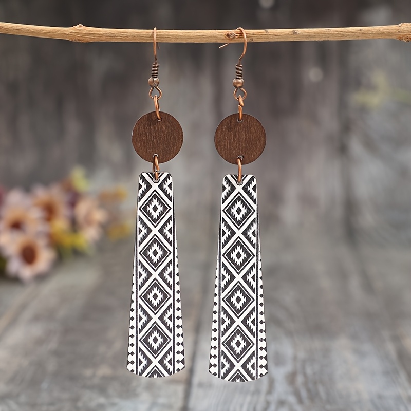 Image of 1 Pair Vintage Bohemian Style Long Strip Printed Pattern Round Wooden Earrings