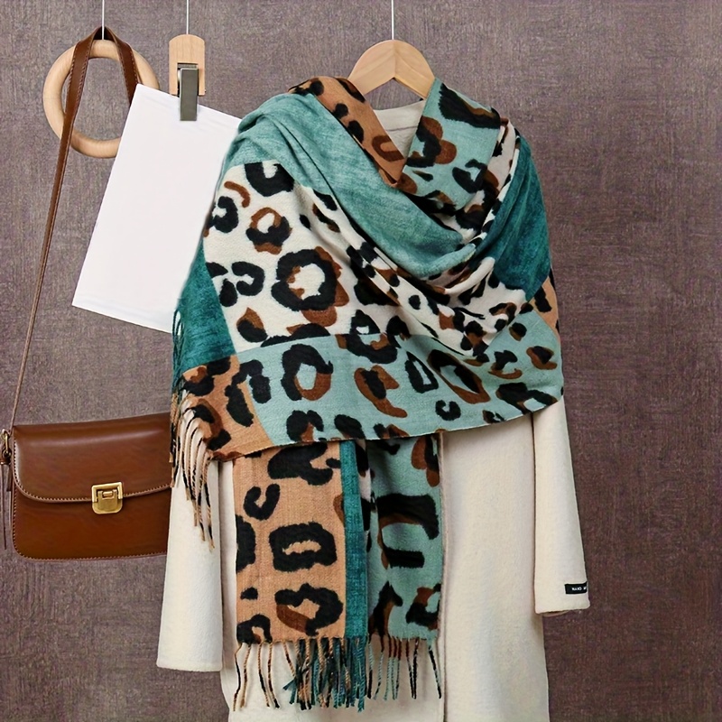 Leopard Block Long Scarf, Fashionable Warm Shawl For Outdoor Cold Weather, Neck Warmer