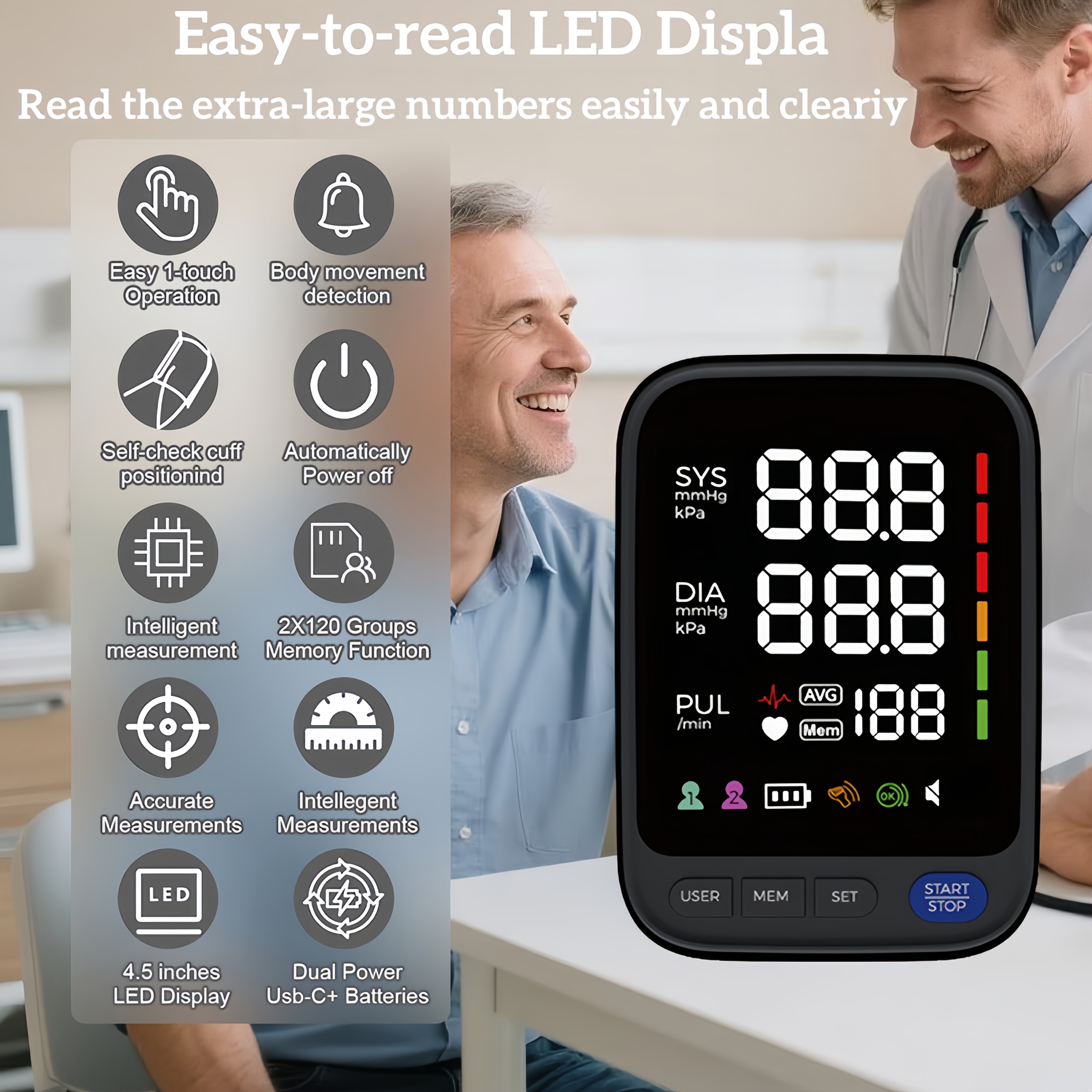 Puxzo Premium New Automatic Blood Pressure Monitor: Heart Rate Monitoring + Oversized Cuff, 120-Reading Memory, LED Large Screen with Tri-Colour Backlight Alerts, Dual-Power Portable Design. Blood Pressure And Heart Rate Monitor, Includes 4 Batteries