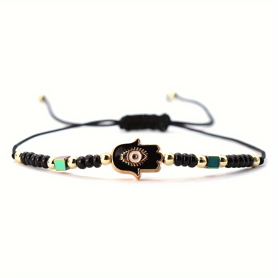 Boho-chic Adjustable Nylon Rope Bracelet With Fatima Eye Charm - Seed Bead Jewelry For Everyday & Party Wear