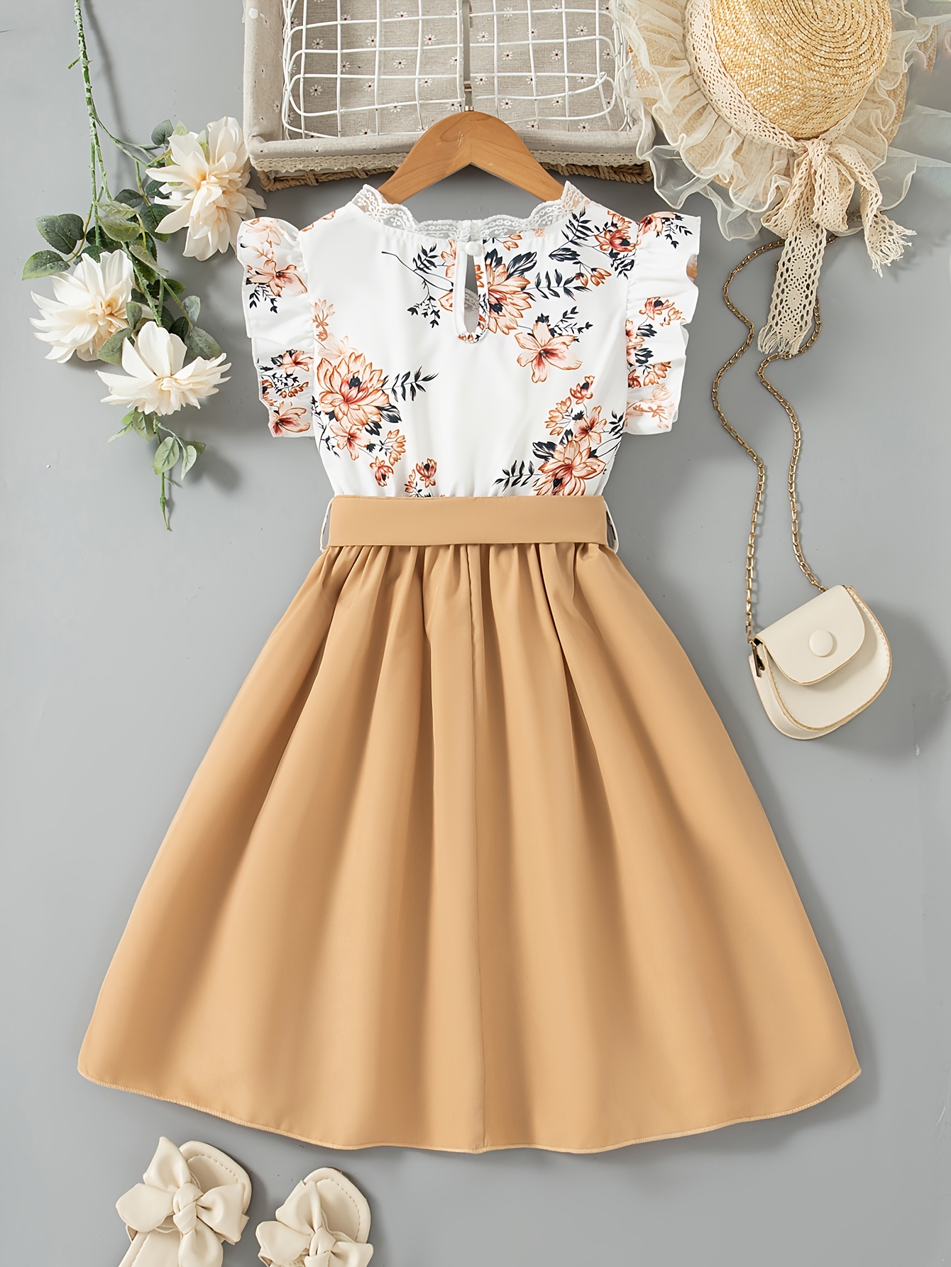 girls floral print sleeveless knee length dress lace