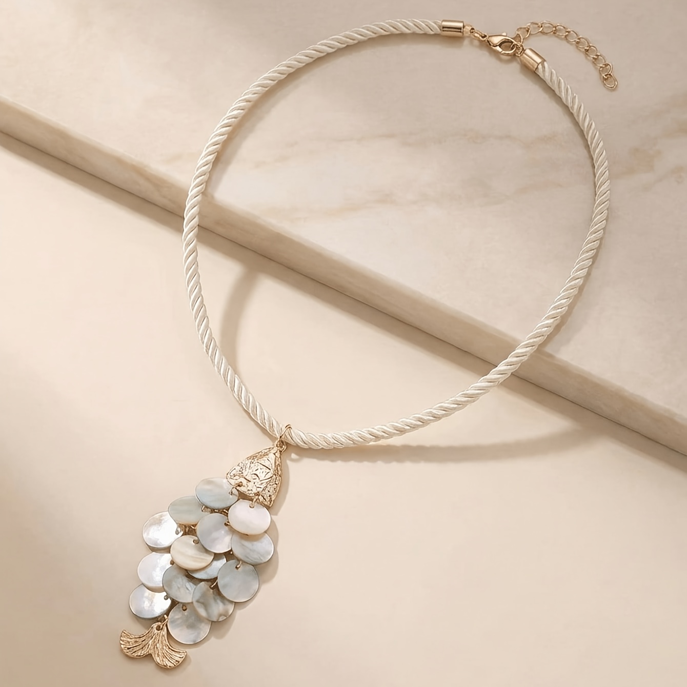 Image of 1pc Necklace, Women's Fishtail Shaped Tassel Chain, White Twisted Rope Chain Body, With Round Disc Fishtail Decoration, Spring Summer Daily , Party Gathering, Nautical Style
