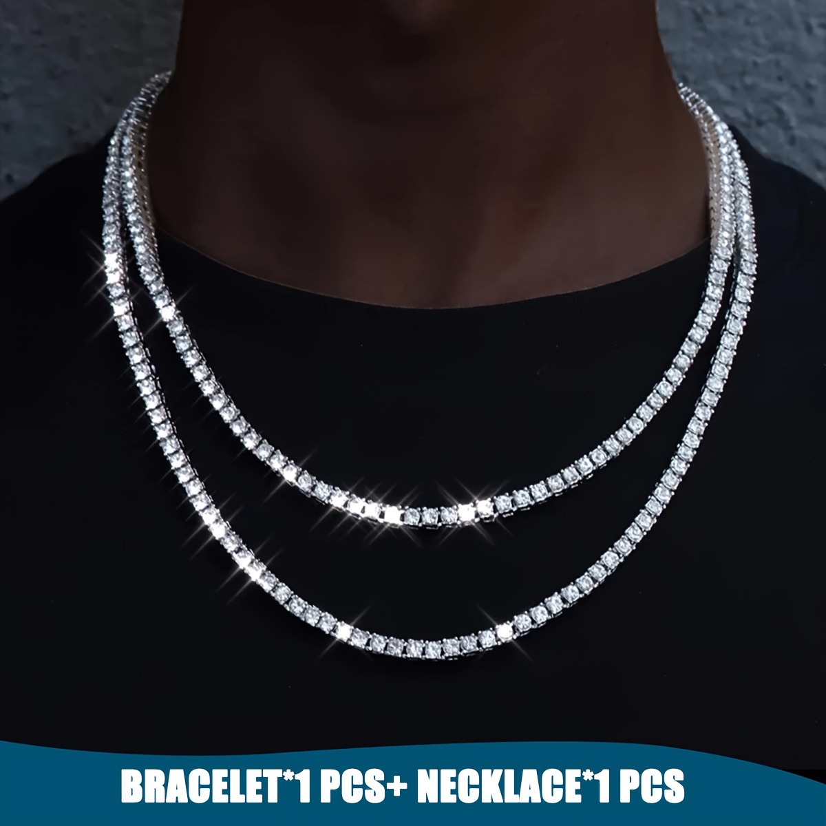 

Jewelry Set (1pcs Necklace + 1 Pcs Bracelet) Necklace 1 Row Lab Simulated Iced Out Cubic Zirconia Chain Men's Hip Hop Tennis Choker Necklace Chain For Men Women