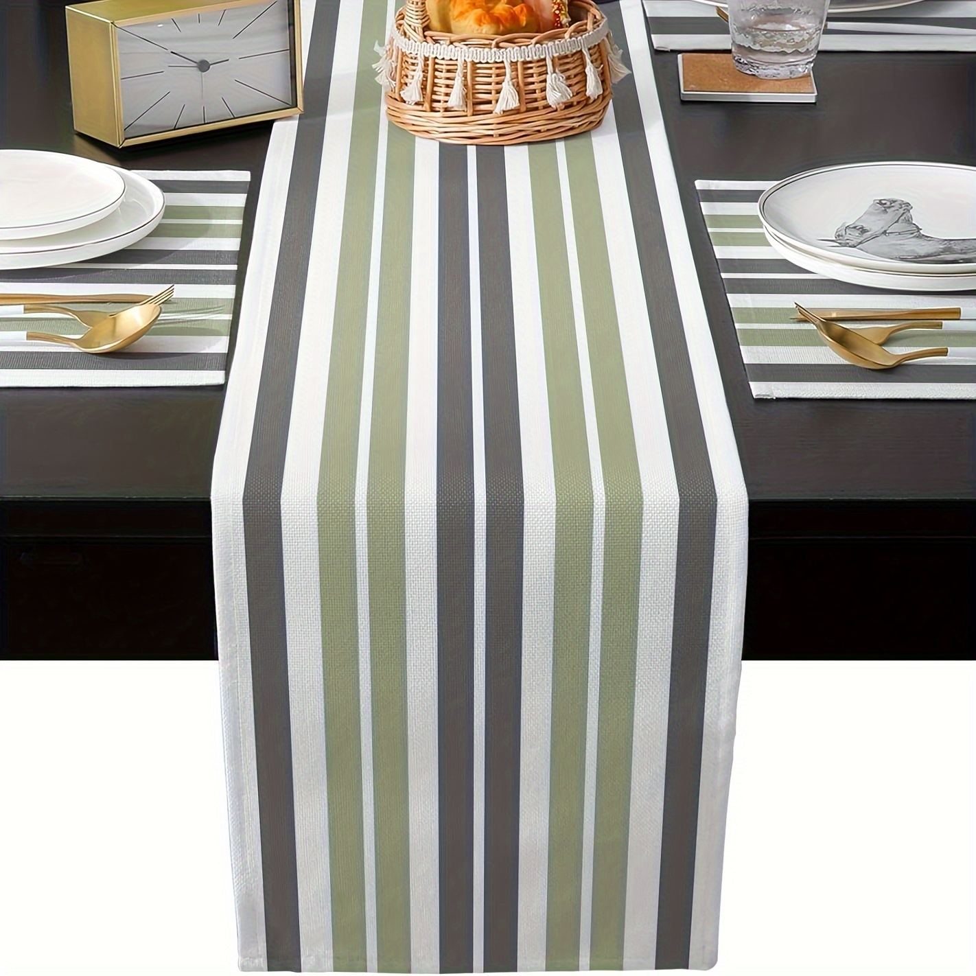 TEMU Set da 1 pezzo con runner da e tovagliette a righe grigio verde per tavolo da , runner da tavolino in iuta minimalista, tovagliette lavabili per