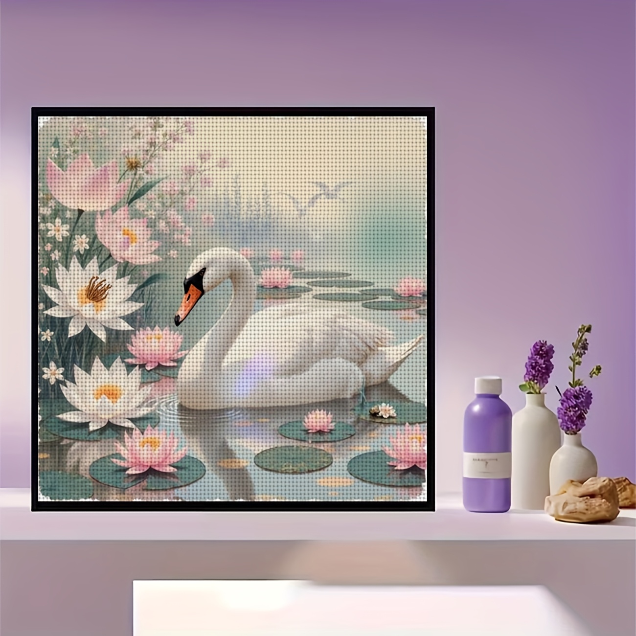 Swan & Lotus Cross Stitch Kit for Beginners with Pre-Printed Canvas