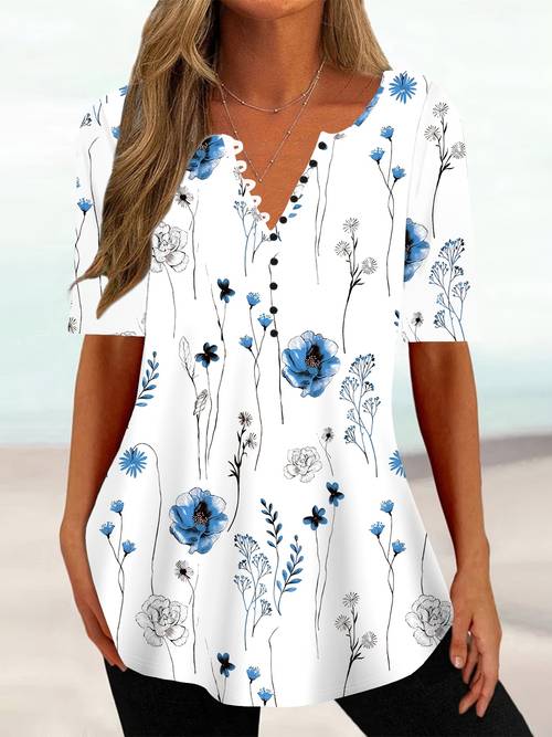 plus size popular size floral print v neck short sleeve top loose and casual and fashionable womens plus size clothing for spring and summer