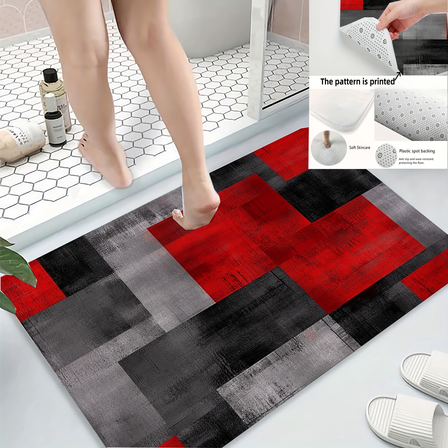 E-shop 1 Stück abstrakter rot-grauer Karomuster Anti-Rutsch-Teppich für Badezimmer, Wohnzimmer, Schlafzimmer, Küche, Büro, Dusche – weicher