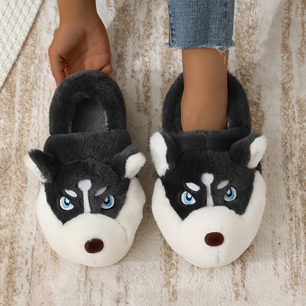 TEMU Winter Men's Shoes, Puffy Home Wide Toe Couple Casual Cartoon Husky Warm Cute Shoes, Winter, Available, Unisex